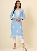 Rayon Sky Blue Casual Wear Lucknowi Chikankari Work Readymade Kurti